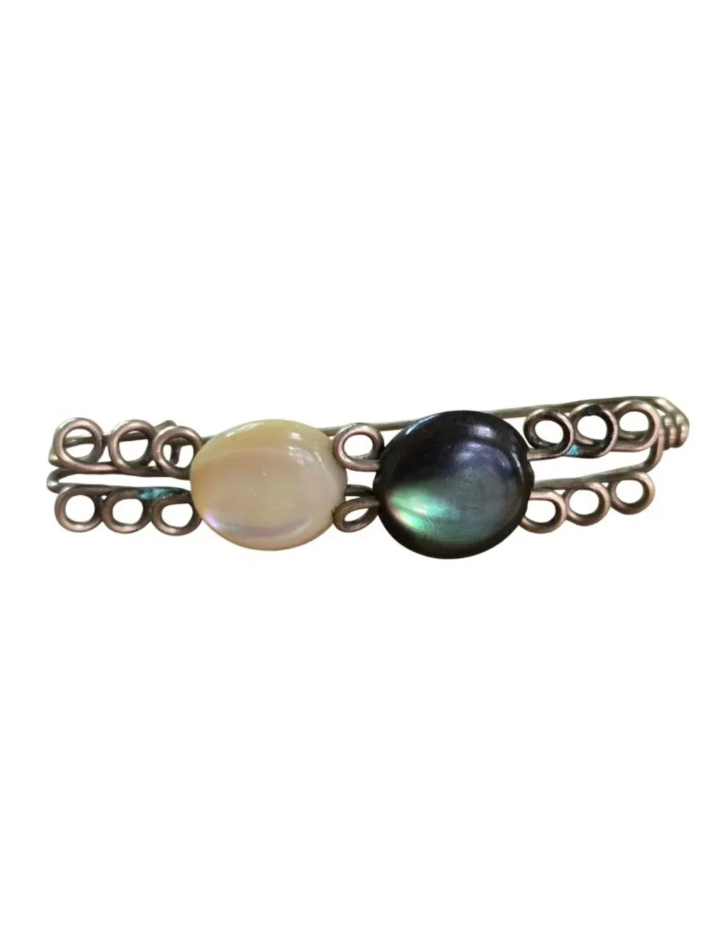 Vintage c1900 Mother Of Pearl Creamy Peacock Arts And Crafts Era Loop Brooch